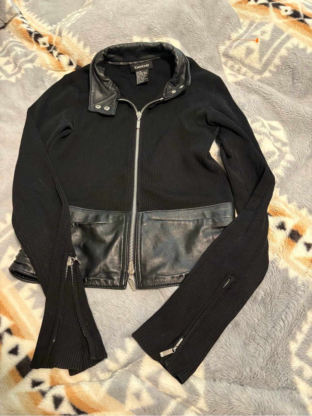 bebe Black Rib Knit & Faux Leather Zip-Front Top